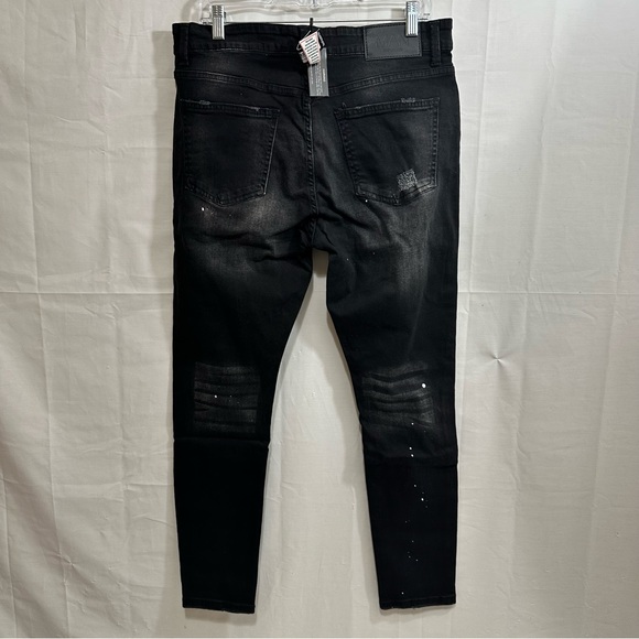 BOOHOO MAN SUPER SKINNY DISTRESSED PAINT SPLAT JEANS IN BLACK SIZE 36S - Picture 8 of 11